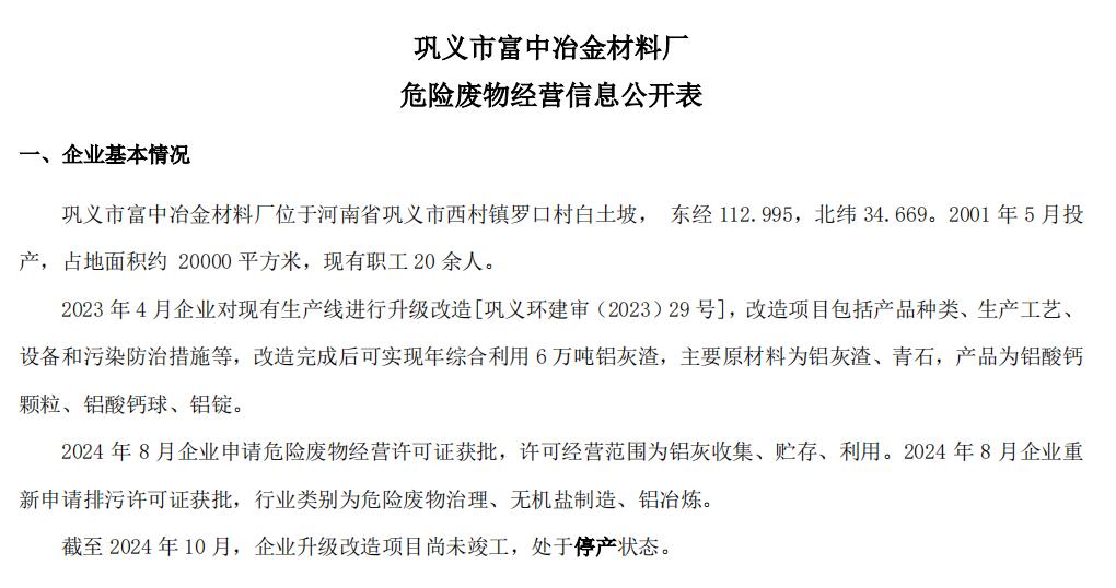 鞏義市富中冶金材料廠(chǎng)——危險(xiǎn)廢物經(jīng)營(yíng)信息公開(kāi)表